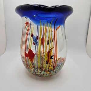 Hand Blown Art Glass Aquarium Vase Blue Rim Fish Tropical Murano Style 5.5" Tall